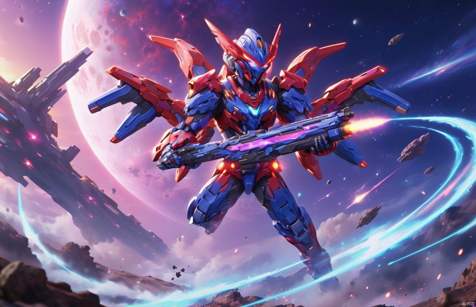 (Blue and red Mechs, purple glowing weapons in their hands, ready for battle),masterpiece, extremely detailed, insanely detailed, realistic, full screen, wielding a futuristic assault rifle, male focus, sky, no humans, glowing, moon, sky, science fiction, space, planet, earth , planet, tokusatsu, ultraman, Planetary apocalypse scene
