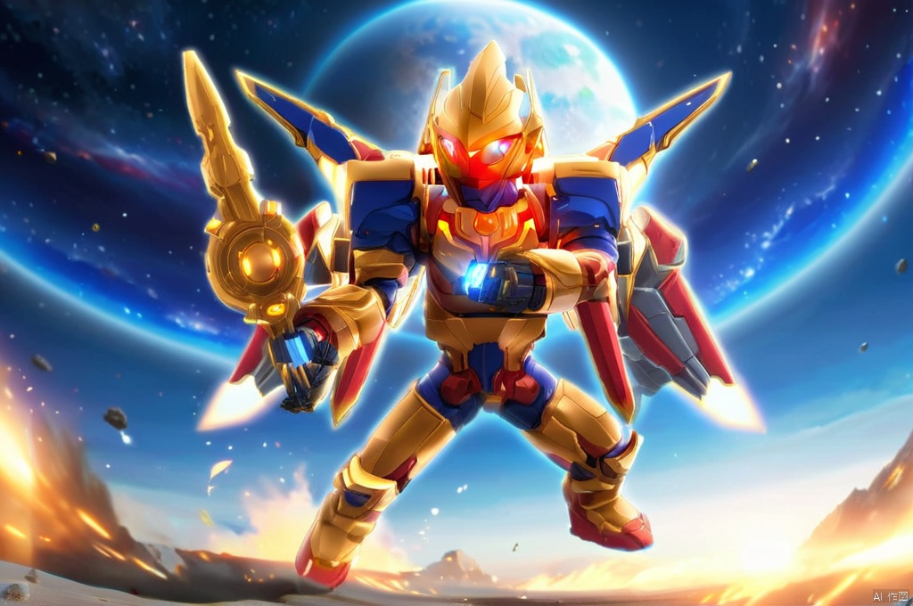 (Gold and blue Mechs, red glowing weapons in their hands, ready for battle), masterpiece, extremely detailed, insanely detailed, realistic, full screen, male focus, sky, no humans, glowing, moon, sky, science fiction, space, planet, earth, planet, tokusatsu, ultraman, Planetary apocalypse scene