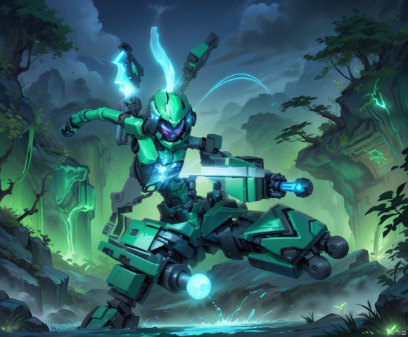 (A dark green glowing mech wielding a blue wand descends from a deep blue sky: 1.5),Ultra wide angle shooting, martial arts and fairy tale atmosphere, game characters, dynamic action style, rotation, magical realism, dynamic action style, the highest quality, masterpiece, CG, HDR, high-definition, extremely fine, detailed face Superheroes, detail ultra high definition, OC rendering, Chinese landscape, antique building, Heavenly Palace, Clouds, rosy clouds, Dark green forest, 2D ConceptualDesign,Be blue！blue！blue！blue！