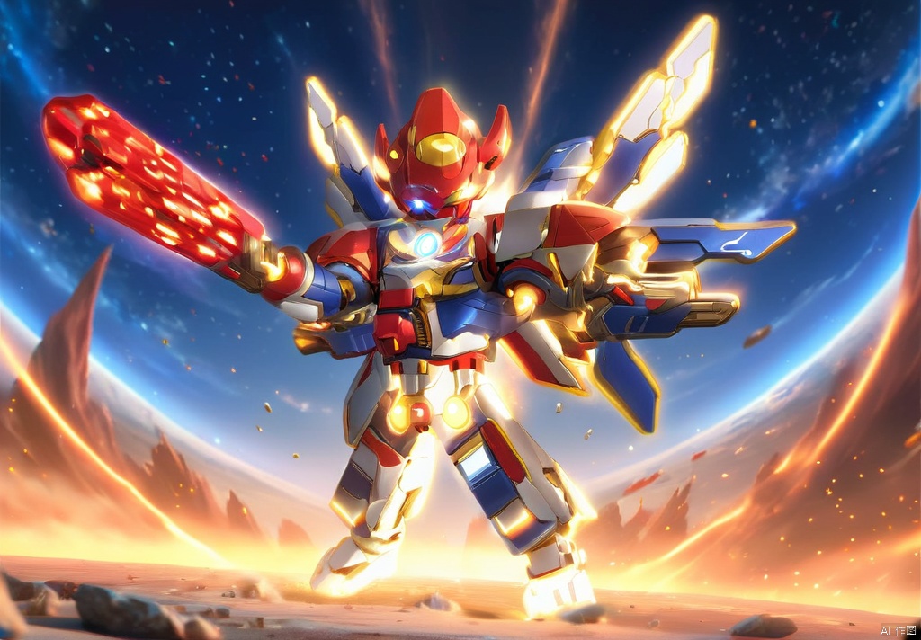 (Gold and blue Mechs, red glowing weapons in their hands, ready for battle), masterpiece, extremely detailed, insanely detailed, realistic, full screen, male focus, sky, no humans, glowing, moon, sky, science fiction, space, planet, earth, planet, tokusatsu, ultraman, Planetary apocalypse scene