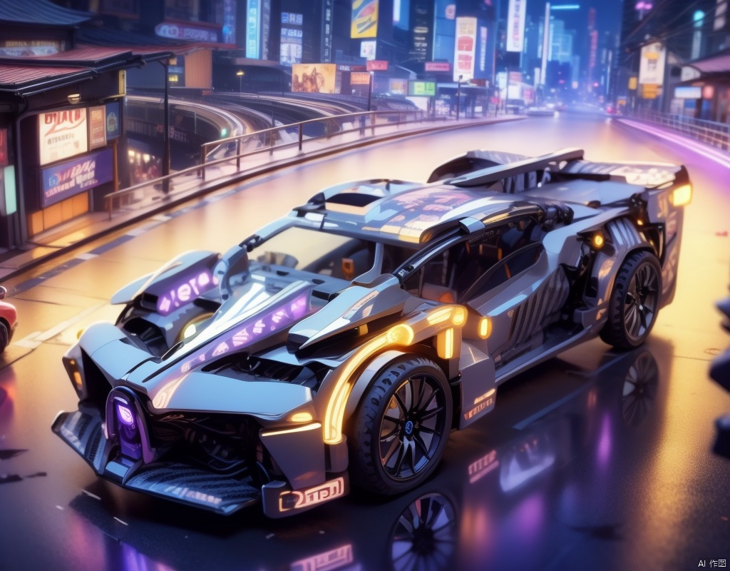(A racing car shuttles through the city's luminous track, with colorful lights shining on the glowing car), unmanned,  two-dimensional concept design, Car track lighting,night,  building, scenery,  road, cityscape, vehicle focus, skyscraper, city lights, Real,No one. No other cars