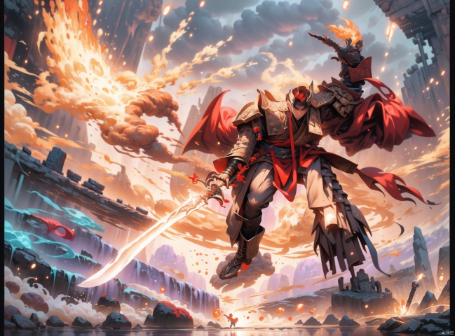 Ultra wide angle shooting, （A red Mech with a sword in his hand, a flaming phoenix burning：1.5） handsome, with gestures forming spells, martial arts and fairy tale atmosphere, carrying a sky filled with water vapor, game characters, water waves, without looking at the camera, writing calligraphy, surrounded by long and transparent scrolls, floating transparent Hanzi, dynamic action style, rotation, magical realism, dynamic action style, the highest quality, masterpiece, CG, HDR, high-definition, extremely fine, detailed face Superheroes, heroes, detail ultra high definition, OC rendering
, Fashion Style, 1boy,Soaring through the clouds and mist, qiuyinong