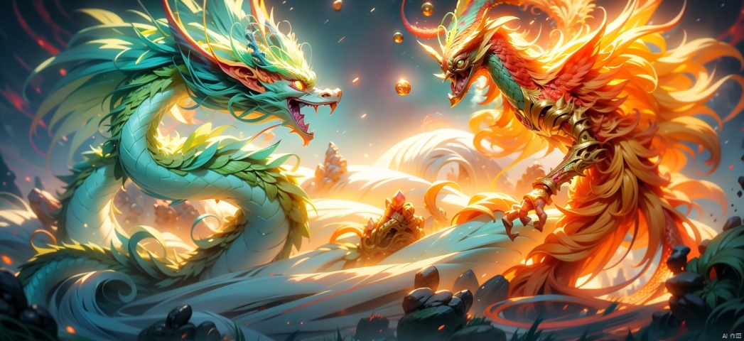  Ultra wide angle shooting, （The green sea dragon King on the left, the red peacock on the right is burning： 1.5） handsome, with gestures forming spells, martial arts and fairy tale atmosphere, carrying a sky filled with water vapor, game characters, water waves, without looking at the camera, writing calligraphy, surrounded by long and transparent scrolls, floating transparent Hanzi, dynamic action style, rotation, magical realism, dynamic action style, the highest quality, masterpiece, CG, HDR, high-definition, extremely fine, detailed face Superheroes, heroes, detail ultra high definition, OC rendering, red peacock on the right is burning,bird
