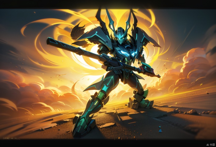 （A dark green glowing mech wielding a blue wand falls out of a cloud-covered blue sky onto a mountain and explodes on impact with stones.）, Ultra wide angle shooting, martial arts and fairy tale atmosphere, game characters, dynamic action style, rotation, magical realism, the highest quality, masterpiece, CG, HDR, high-definition, extremely fine, detailed face Superheroes, detail ultra high definition, OC rendering, Chinese landscape, antique building, Clouds, 2D ConceptualDesign, No obstructions in the background, Velocity strip, Coloured sunset, Strong contrast, Do not appear long legs, Stone explosion, explode！explode！concise,Background shock,, Magic Circle, hezi
