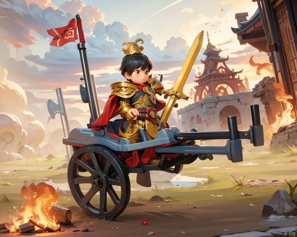  (A soldier in gold armor and a red cloak stands on a chariot with a long sword, ready to go into battle),Flags, tents, burnings, smoke, fire, dust, rubble, mountains, rivers, trees, grass, war,2D ConceptualDesign,Ancient Chinese architecture