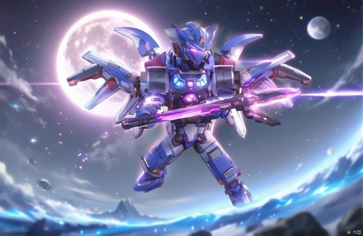 (Blue and silver Mechs, purple glowing weapons in their hands, ready to fight),masterpiece, extremely detailed, insanely detailed, realistic, full screen, wielding a futuristic assault rifle, male focus, sky, no humans, glowing, moon, sky, science fiction, space, planet, earth , planet, tokusatsu, ultraman