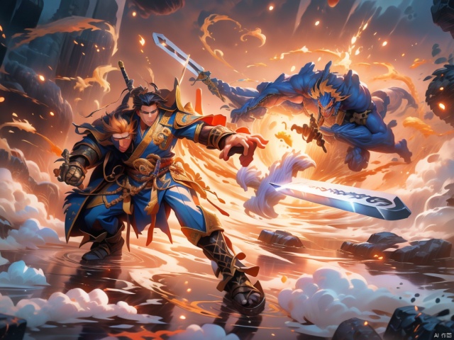 Ultra wide angle shooting, (A blue mech wields a large red sword, and a yellow and gold dragon descends from the sky; 1.5)handsome, with gestures forming spells, martial arts and fairy tale atmosphere, carrying a sky filled with water vapor, game characters, water waves, without looking at the camera, writing calligraphy, surrounded by long and transparent scrolls, floating transparent Hanzi, dynamic action style, rotation, magical realism, dynamic action style, the highest quality, masterpiece, CG, HDR, high-definition, extremely fine, detailed face Superheroes, heroes, detail ultra high definition, OC rendering, zhu