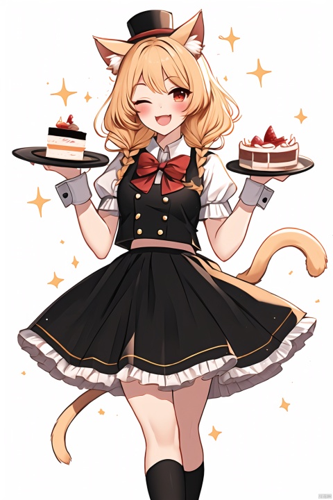 yellow mix cyan, 1girl, animal ears, tail, cat ears, hat, one eye closed, cat tail, blonde hair, open mouth, food, braid, smile, cake, white background, short sleeves, cat girl, bow, solo, skirt, holding, ;d, black legwear, black headwear, plate, shoes, fang, bag, puffy sleeves, wrist cuffs, top hat, blush, long hair, vest, black footwear, mini hat, looking at viewer, puffy short sleeves, shirt, holding plate, animal ear fluff, black skirt, white shirt, standing, standing on one leg, simple background, red bow, star \(symbol\), frills, sparkle, striped, black vest, tilted headwear, striped bow, frilled skirt, socks, bangs, kneehighs, single braid, mini top hat, shoulder bag, red eyes, twin braids, blush stickers, cake slice, leg up, bowtie, loafers, eyebrows visible through hair, tail raised, watch, ribbon