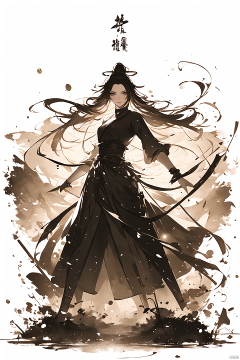  A girl, Chinese style, knight-errant, elegant long skirt, martial arts, Keywords ink bamboo, bamboo forest,with pieces of ink bamboo behind her, all taken, Ink scattering_Chinese style, Anime, yjmonochrome, jijianchahua, (\yan yu\), (\shen ming shao nv\)