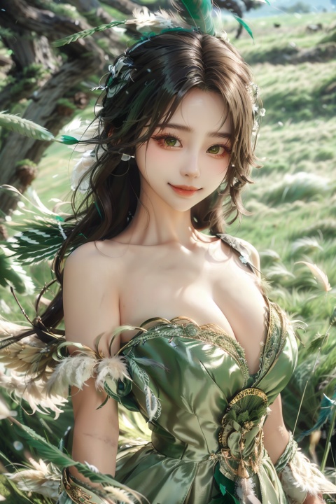  (grass:1.5),1girl,a gorgeous long dress made of feathers,green feather,huge feathers,complex background,beautiful background,(feathers everywhere:1.3),depth of field level,,kind smile,looking_at_viewer,Dynamic pose, BY MOONCRYPTOWOW, angel