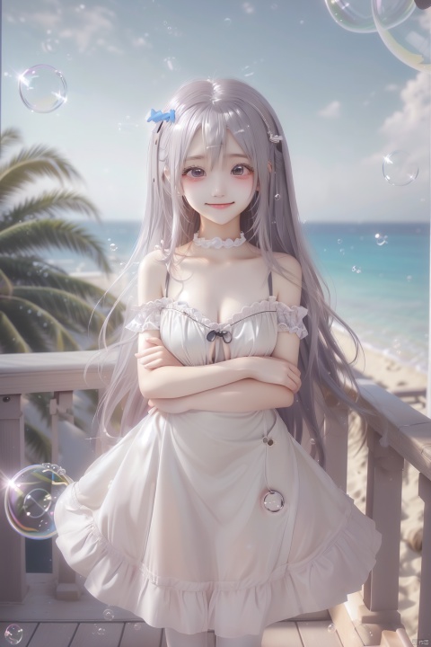  (bubble:1.5),masterpiece, best quality, incredibly_absurdres,1 girl, cowboy_shot,standing,high detail,high details,depth of field,perspective,foreshortening,ray tracing,medium_breasts,outdoors,sky,smile,^o^,backlight, white dress,sleeveless dress,sparkling eyes,hug,girl, cozy anime,1girl,black skirt,bare shoulders,(frilled waist apron),(white pantyhose),black footwear,(loli:1.3),female child,outdoor,(night:1.3),sky,(star),(star \(sky\):1.2),ocean,beach,trees,building,light,depth of field,wind,cowboy shot,light smile, , ray tracing, simple drawing, (\meng ze\)