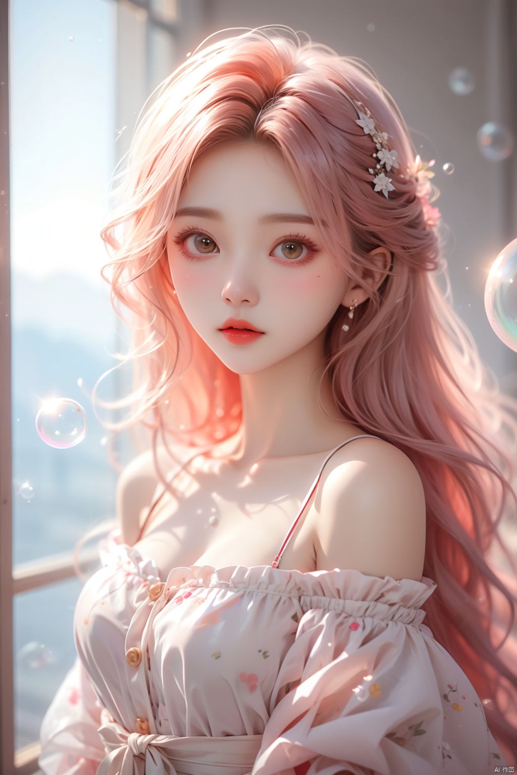  pink hair,bubble,1girl, solo, breasts, looking at viewer, short hair, simple background, brown hair, black hair, dress, bare shoulders, brown eyes, upper body, parted lips, grey background, lips, makeup, red dress, lipstick, realistic, red lips, (\meng ze\)