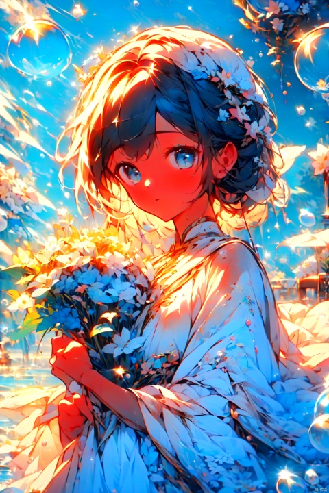  (bubble:1.3), 1 girl, cute, white dress, holding a bouquet of flowers, black short hair, light white wall, (\meng ze\), (\MBTI\), mjuanlian, jiqing,bubble