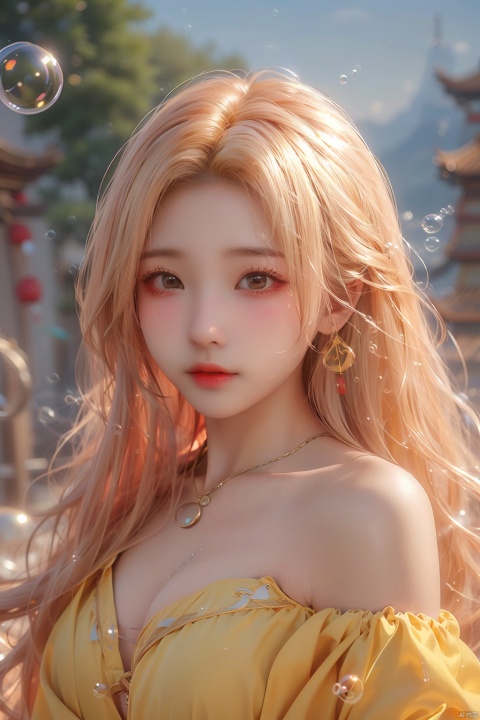  (bubble:1.5),1girl,Bangs, off shoulder, colorful_hair, ((colorful hair)), yellow eyes, chest, necklace, earrings, floating hair, jewelry, sleeveless, very long hair,Looking at the observer, parted lips, pierced,energy,electricity,magic,tifa,sssr,blonde hair,jujingyi, (gold armor), liuyifei, (\xing he\), (\shuang hua\), (\meng ze\)