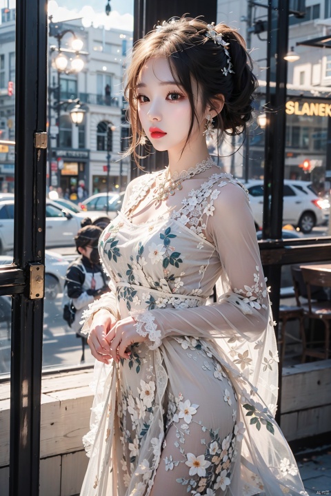  1girl, solo, long hair, looking at viewer, black hair, long sleeves, dress, jewelry, closed mouth, standing, ponytail, cowboy shot, earrings, black dress, lips, makeup, lipstick, red lips,lace, (\shuang hua\)