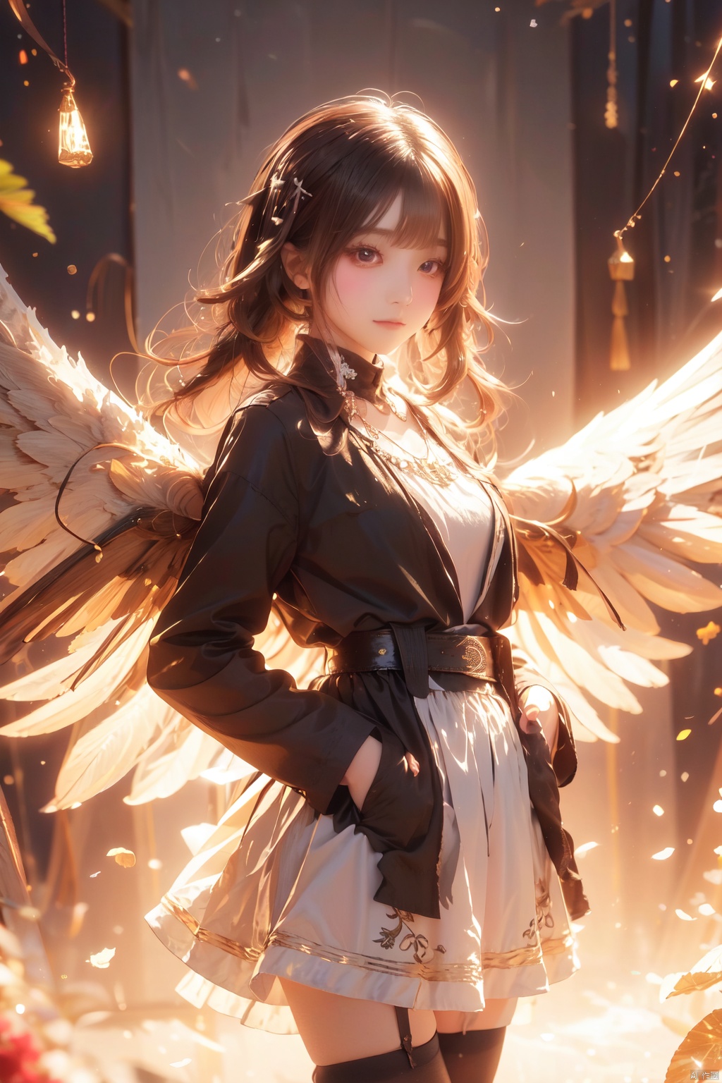  (wings:1.5),1girl, solo, looking at viewer, long hair, drill hair, red eyes, skirt, simple background, shirt, hair ornament, thighhighs, long sleeves, white background, hair between eyes, jewelry, closed mouth, red hair, cowboy shot, open clothes, alternate costume, hairclip, belt, black thighhighs, virtual youtuber, black skirt, necklace, zettai ryouiki, coat, black shirt, turtleneck, hair intakes, open coat, black coat, hands in pockets, ange katrina, (\shen ming shao nv\), jiqing, babata