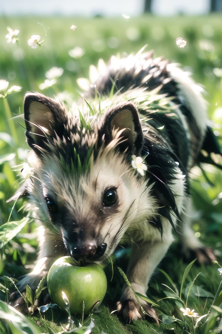  (grass:1.5),1girl, solo, a green apple and flowers at the bottom,a hedgehog crawls over an apple and sniffs a butterfly
