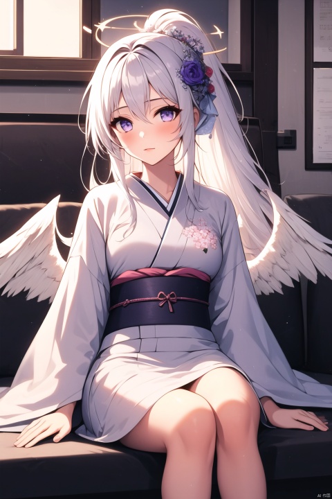  1girl, solo, long hair, looking at viewer, bangs, hair ornament, long sleeves, holding, hair between eyes, sitting, purple eyes, ponytail, flower, white hair, heart, japanese clothes, wings, hair flower, wide sleeves, kimono, sash, window, feet out of frame, halo, obi, phone, floral print, cat, cellphone, ground vehicle, feathered wings, spoken heart, purple flower, white wings, low wings, train interior, azusa \(blue archive\)