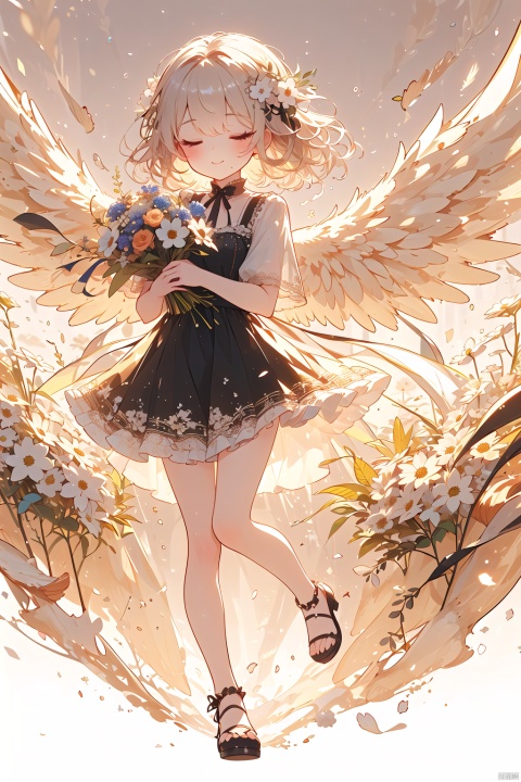  (wings:1.5),1 little girl, chubby, cute, super cute, with one eye closed, long hair, black, hair filled with flowers, holding a large bouquet of flowers in her hand, full body, panoramic, white background, minimalist style, (\shen ming shao nv\)