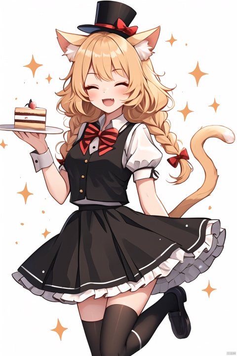  yellow mix cyan, 1girl, animal ears, tail, cat ears, hat, one eye closed, cat tail, blonde hair, open mouth, food, braid, smile, cake, white background, short sleeves, cat girl, bow, solo, skirt, holding, ;d, black legwear, black headwear, plate, shoes, fang, bag, puffy sleeves, wrist cuffs, top hat, blush, long hair, vest, black footwear, mini hat, looking at viewer, puffy short sleeves, shirt, holding plate, animal ear fluff, black skirt, white shirt, standing, standing on one leg, simple background, red bow, star \(symbol\), frills, sparkle, striped, black vest, tilted headwear, striped bow, frilled skirt, socks, bangs, kneehighs, single braid, mini top hat, shoulder bag, red eyes, twin braids, blush stickers, cake slice, leg up, bowtie, loafers, eyebrows visible through hair, tail raised, watch, ribbon