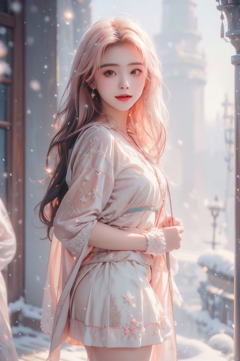  1 girl,Transparent skirt,pink face,stockings,(snow:1.2),(snowing:1.2),peach blossom,snow,solo,scarf,pink hair,smile,long hair,bokeh,realistic,long coat,blurry, captivating gaze, embellished clothing, natural light, shallow depth of field, romantic setting, dreamy pastel color palette, whimsical details, captured on film,. (Original Photo, Best Quality), (Realistic, Photorealistic: 1.3), Clean, Masterpiece, Fine Detail, Masterpiece, Ultra Detailed, High Resolution, (Best Illustration), (Best Shadows), Complex, Bright light, modern clothing, (pastoral: 1.3), smiling,standing,(very very short skirt:1.5),knee socks,(white shoes: 1.4),long legs, forest, grassland,(view: 1.3), 21yo girl, striped, , capricornus, 1girl, light master, Light master, ((poakl)), wangzuxian,yuzu,high_heels,yellow_footwear,long_hair,black_hair, (\meng ze\)