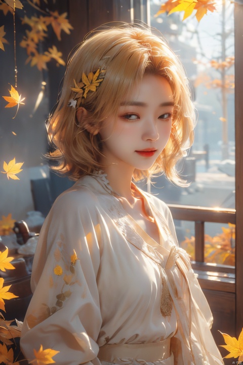  aki shizuha, 1girlaki shizuha blonde hair short hair yellow eyes leaf hair ornamentred shirtskirtlong sleeves, sunset, 8kcg wallpaper, (ultra detailed:1.4), illustration, cinema light, autumn leaves season, 1girl, autumn leaves hair ornament, blush, open mouth, smile, one eye closed, looking out of the viewer, (((touch your hair with one hand))), autumn evening, swaying wind, beautiful background, sunlight filtering through the foliage, scattered light
, (\meng ze\), jiqing, (\MBTI\), mjuanlian,moyou