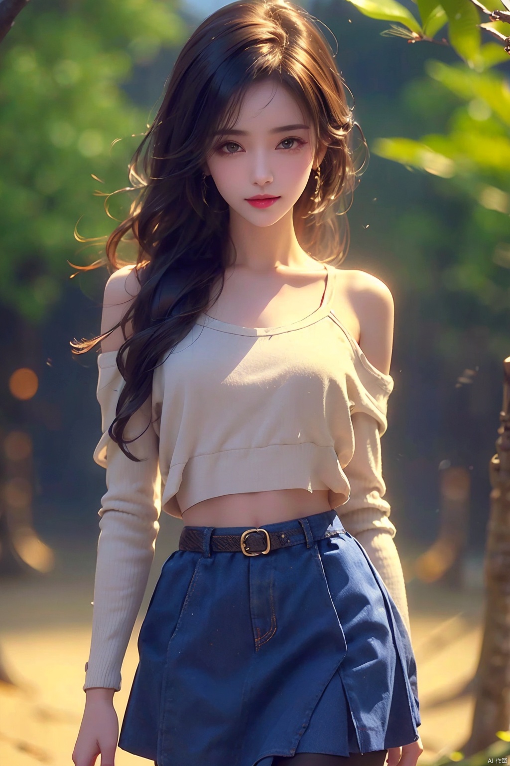 best quality, masterpiece, cowboy_shot,(Good structure), DSLR Quality,Depth of field,kind smile,looking_at_viewer,Dynamic pose, 1girl, 3d, bare_shoulders, belt, blurry, blurry_background, blurry_foreground, branch, , , , collarbone, *******_photo, denim, denim_skirt, depth_of_field, , lips, long_hair, looking_at_viewer, midriff, miniskirt, motion_blur, navel, outdoors, photo_\(medium\), realistic, skirt, solo, standing, tree, , , , blackpantyhose, , , , , futuaner