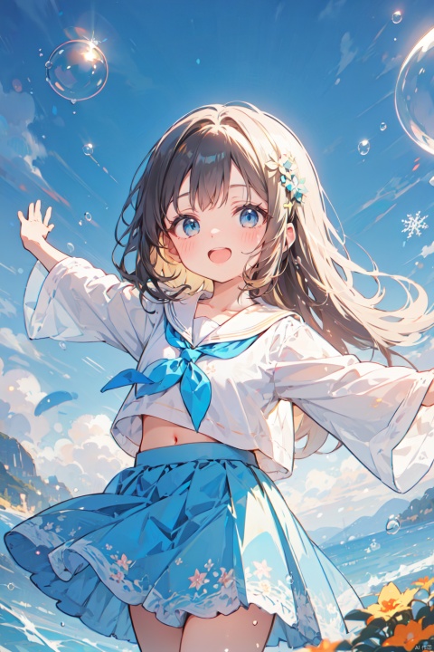 (bubble:1.3),1girl, :d, air_bubble, bangs, blue_eyes, blue_flower, blue_sailor_collar, blue_skirt, blush, brown_hair, bubble, collarbone, eyebrows_visible_through_hair, floral_print, flower, long_hair, long_sleeves, looking_at_viewer, navel, neckerchief, open_mouth, outstretched_arms, pleated_skirt, sailor_collar, school_uniform, serafuku, skirt, smile, snowflakes, solo, water_drop, white_shirt, wide_sleeves, (\meng ze\)
