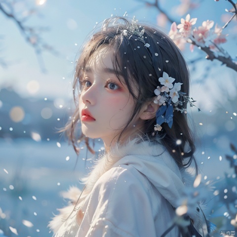  best quality, masterpiece, ultra high res.1girl,pure color background, snowing,with plum blossoms next to her, (\shuang hua\)