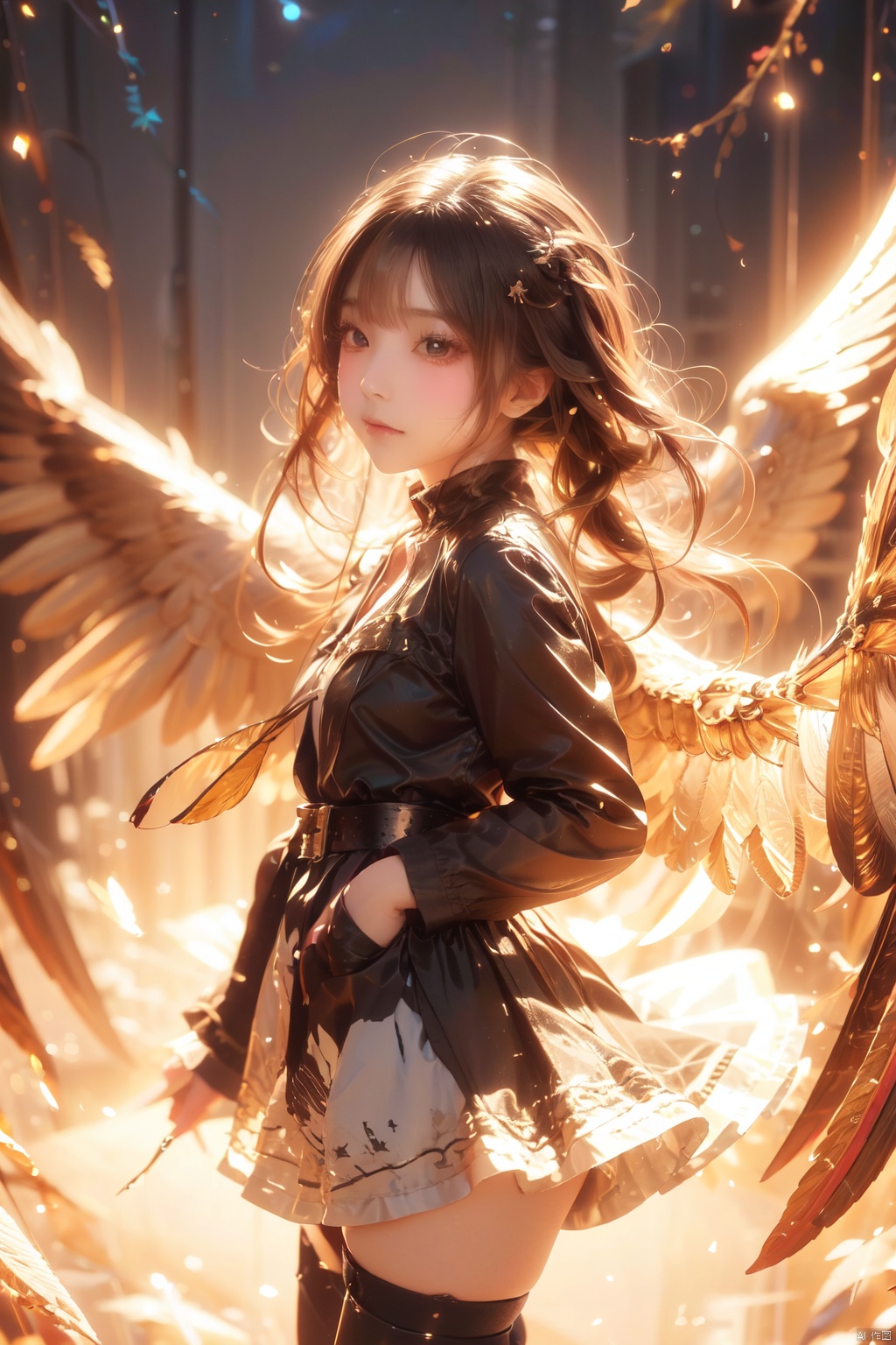  (wings:1.5),1girl, solo, looking at viewer, long hair, drill hair, red eyes, skirt, simple background, shirt, hair ornament, thighhighs, long sleeves, white background, hair between eyes, jewelry, closed mouth, red hair, cowboy shot, open clothes, alternate costume, hairclip, belt, black thighhighs, virtual youtuber, black skirt, necklace, zettai ryouiki, coat, black shirt, turtleneck, hair intakes, open coat, black coat, hands in pockets, ange katrina, (\shen ming shao nv\), jiqing, babata