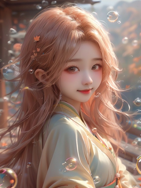  (bubble:1.5),(Masterpiece), (best quality), illustrations, ultra detailed, HDR, depth of field, (color), loli, 1 girl, solo, maple leaf, autumn leaf, embrace, smile, leaf, embrace leaf, look at the audience, blurry, Hanfu girl, head tilted, (\meng ze\)