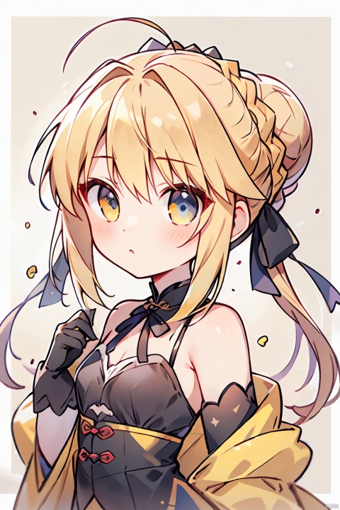  masterpiece,1girl,solo,looking at viewer,bangs,blonde hair,simple background,dress,ribbon,bare shoulders,hair ribbon,yellow eyes,braid,sidelocks,small breasts,black gloves,elbow gloves,hair bun,black ribbon,sleeveless dress,single hair bun,yellow background,french braid,lolita fashion,black border,artoria pendragon \(fate\),saber,, artoria pendragon \(fate\), caiyi, qianrenxue, yunqing,blue eyes, (\meng ze\)