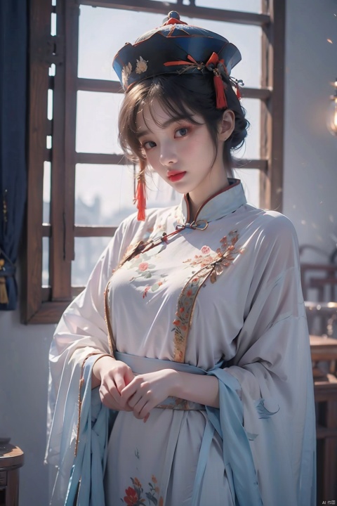  High quality, masterpiece, 1 girl, jiangshi, qing_ Guanmao, no bra,breast curtains,china dress, Light master, dofas, (\shuang hua\)