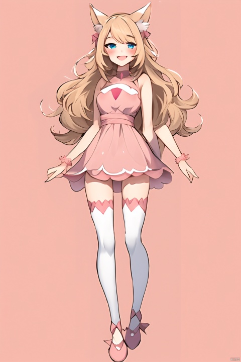 1girl, animal_ears, blue_eyes, blush, full_body, open_mouth, pink_background, pokemon_\(creature\), simple_background, smile, standing, thighhighs