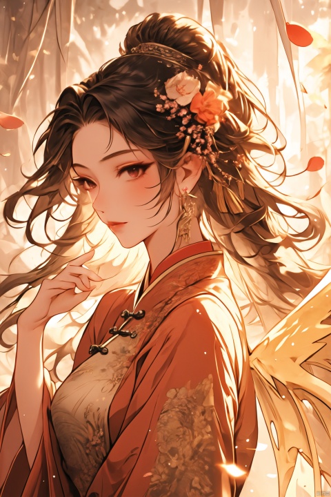 1girl, solo, hair ornament, jewelry, earrings, petals, flower, upper body, long hair, chinese clothes, long sleeves, , (\shen ming shao nv\),wings