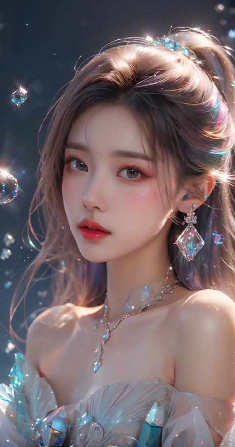  (bubble:1.5),masterpiece,best quality,masterpiece,best quality,official art,extremely detailed CG unity 16k wallpaper,masterpiece,thigh,((1girl)),(science fiction:1.1),(ultra-detailed crystallization:1.5),(crystallizing girl:1.5),kaleidoscope,((iridescent:1.5) long hair),(glittering silver eyes),sitting,surrounded by colorful crystals,blue skin,(skin fusion with crystal:1.8),looking up,face focus,simple dress,transparent crystals,flat dark background,lens flare,prism, 1 girl, (\meng ze\)