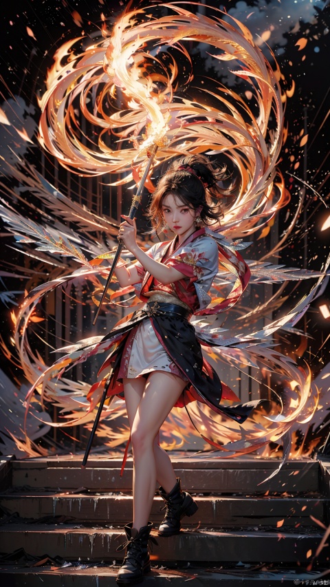  (ice:1.5),Female Focus,holding glowing katana（Iaido）
Red lips, bangs, earings, kimono,Chinese closures, floral print, tassel, robe dragon, glowing weight, flowing light, shooting stars,Neon lights, reflecting lights, epic lighting,
(Flames around) (Fire clings to the samurai sword)··
Chinese Style, Ancient Temple, Serious, Light, Stairs, Red Full Moon, yiwenrudao\(xiuxian\), (\shuang hua\)