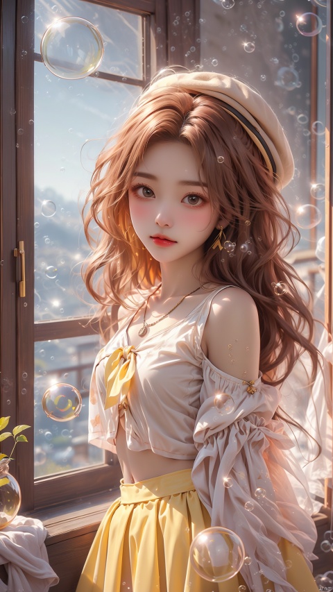  (bubble:1.5),1girl, solo, brown hair, shirt, white shirt, skirt, jewelry, navel, midriff, smile, looking at viewer, short hair, brown eyes, hat, plant, earrings, jar, indoors, bag, collarbone, crop top, pleated skirt, hat bow, brown headwear, holding, necklace, brown bag, long sleeves, book, closed mouth, yellow skirt, standing, bow, cowboy shot, shoulder bag, window, clock, potted plant, blush, neckerchief, sunlight, light particles, bangs, bookshelf, yellow neckerchief, (\meng ze\)