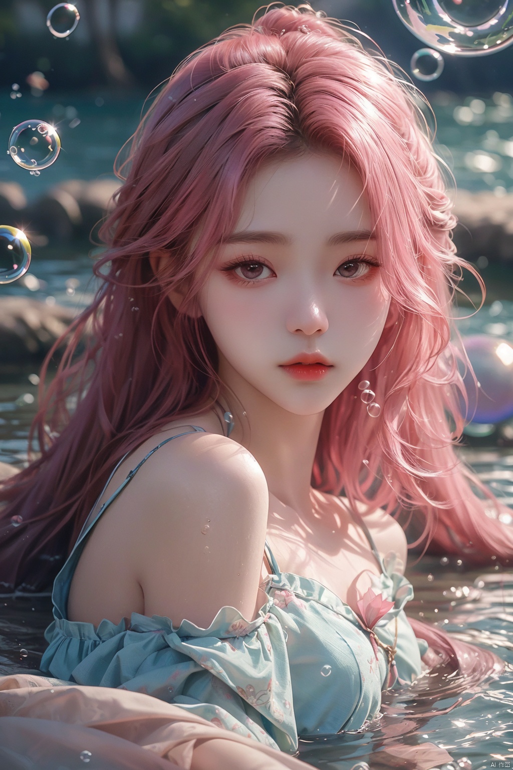  pink hair,(bubble:1.5),masterpiece,realistic,best quality,best quality,masterpiece,best quality,masterpiece,realistic,HDR,UHD,8K,simple background,ultra-fine painting,Studio lighting,extreme detail description,Bokeh,full body,1girl,Medium chest,onstomach,beach,dusk,absurdres,highres,best quality,realistic,a pretty girl,off-shoulder_dress,mamian skirt,long hair,long black hair,straight hair,lying on the surface of the water,sleeping on a surface full of lotus flowers,violet and blue dresses, wangyushan, mLD, FUJI,Appropriate lighting and shadow,RAW photo, 1girl, xiaowu, (\meng ze\)