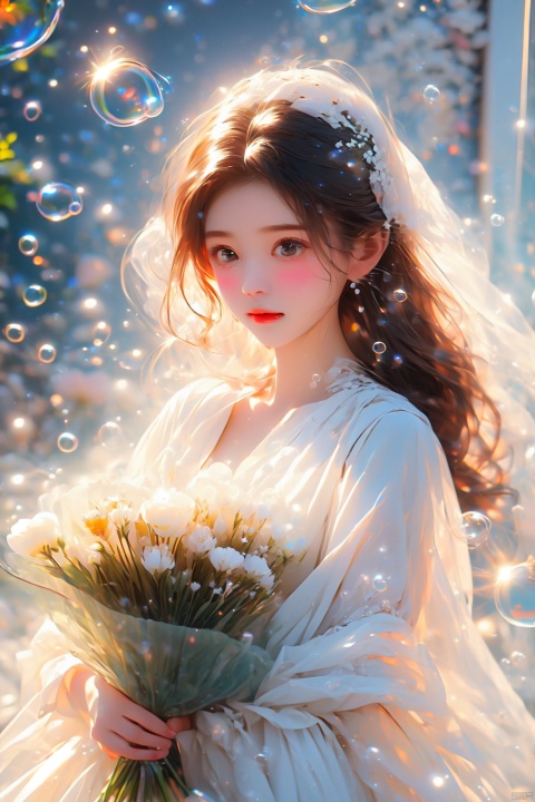 (bubble:1.3), 1 girl, cute, white dress, holding a bouquet of flowers, black short hair, light white wall, (\meng ze\), (\MBTI\), mjuanlian, jiqing,bubble