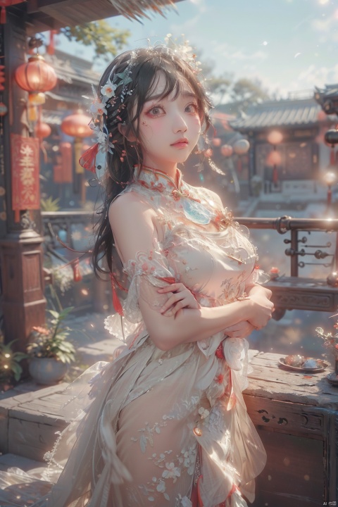 (ice:1.5), (global illumination, reality,ray tracing, HDR, unreal rendering, reasonable design, high detail, masterpiece,best quality, ultra high definition, movie lighting),
1girl,outdoor,looking_at_viewer,side_blunt_bangs,china_dress,chinese_style,big breasts,pose,solo,1girl,black hair,black eyes,red cheongsam, (\shuang hua\)