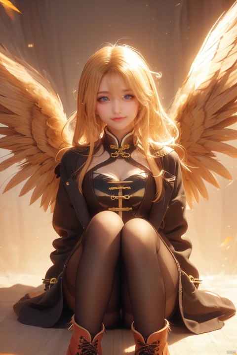  (wings:1.5),1girl, blonde_hair, boots, coat, cover, cover_page, doujin_cover, long_hair, open_mouth, pantyhose, smile, solo, (\shen ming shao nv\), (\meng ze\)
