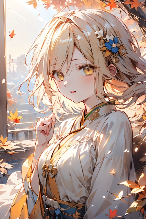 aki shizuha, 1girlaki shizuha blonde hair short hair yellow eyes leaf hair ornamentred shirtskirtlong sleeves, sunset, 8kcg wallpaper, (ultra detailed:1.4), illustration, cinema light, autumn leaves season, 1girl, autumn leaves hair ornament, blush, open mouth, smile, one eye closed, looking out of the viewer, (((touch your hair with one hand))), autumn evening, swaying wind, beautiful background, sunlight filtering through the foliage, scattered light
, (\meng ze\), jiqing, (\MBTI\), mjuanlian