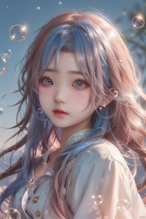  (bubble:1.5),(masterpiece, extremely detailed 8k wallpaper,best quality), (best illumination, best shadow, extremely delicate and beautiful), floating, finely detail, Depth of field (bloom), (shine), glinting stars,classic, (illustration), (sketch),(panorama),detailed eyes,perfect face,
upper_body,white background,
1 girl,solo,
blue hair,long hair,loli,brown eyes,hair ribbon,
white dress,long sleeves,
, (\meng ze\)