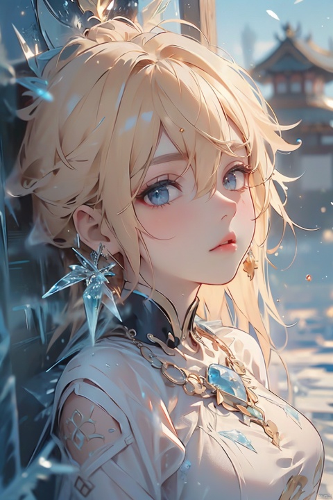 (ice:1.5), masterpiece, 1 girl, Stand, {blonde hair}, jewelry, Earrings, Necklace, {JK}, Newspaper wall, huge filesize, extremely detailed, 8k wallpaper, highly detailed, best quality, yunqing, qrx, qianrenxue, xiaowu, WZRYdajiJW, dyzgqzm, (\shuang hua\), (\huo yan shao nv\), ((poakl)), Light master