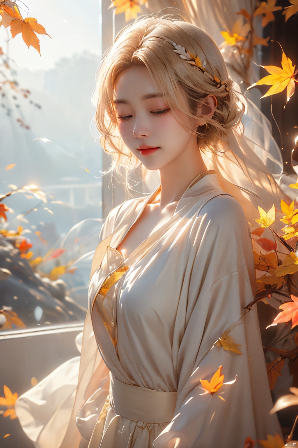  aki shizuha, 1girlaki shizuha blonde hair short hair yellow eyes leaf hair ornamentred shirtskirtlong sleeves, sunset, 8kcg wallpaper, (ultra detailed:1.4), illustration, cinema light, autumn leaves season, 1girl, autumn leaves hair ornament, blush, open mouth, smile, one eye closed, looking out of the viewer, (((touch your hair with one hand))), autumn evening, swaying wind, beautiful background, sunlight filtering through the foliage, scattered light
, (\meng ze\), jiqing, (\MBTI\), mjuanlian