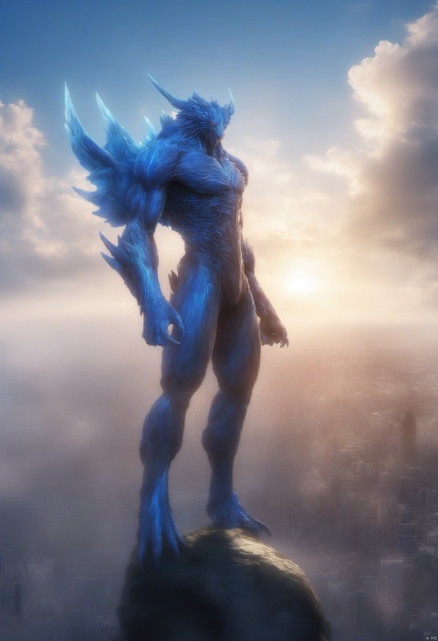  masterpiece, best quality solo, no humans, monster, wings, claws, full body, simple background ,scenery, sky, cloud, cityscape, city, outdoors, building, blue sky, skyscraper, dutch angle, fantasy, lens flare, day, star (sky), cloudy sky, artist name, (\shen ming shao nv\)