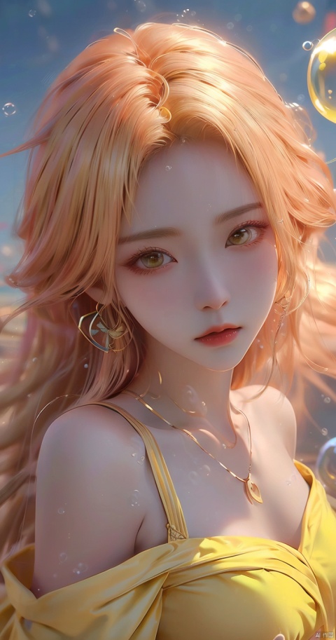  (bubble:1.5),1girl,Bangs, off shoulder, colorful_hair, ((colorful hair)),golden dress, yellow eyes, chest, necklace, pink dress, earrings, floating hair, jewelry, sleeveless, very long hair,Looking at the observer, parted lips, pierced,energy,electricity,magic,tifa,sssr,blonde hair,jujingyi, wangyushan, dofas, forehead mark, (\meng ze\)