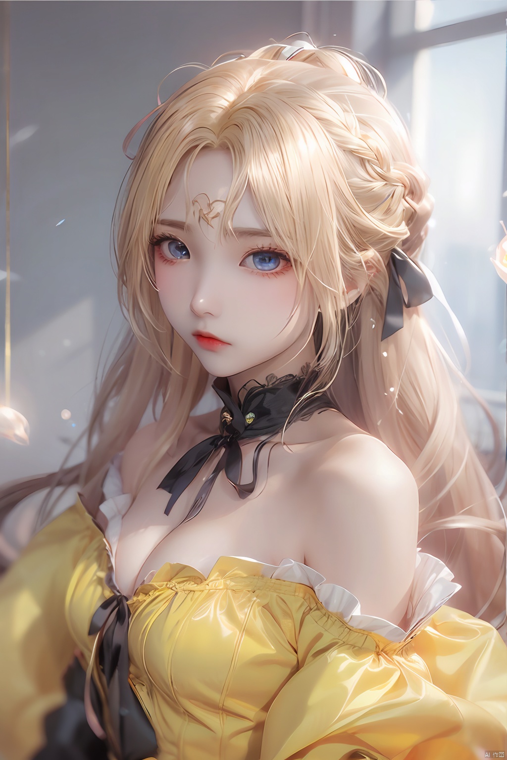  masterpiece,1girl,solo,looking at viewer,bangs,blonde hair,simple background,dress,ribbon,bare shoulders,hair ribbon,yellow eyes,braid,sidelocks,small breasts,black gloves,elbow gloves,hair bun,black ribbon,sleeveless dress,single hair bun,yellow background,french braid,lolita fashion,black border,artoria pendragon \(fate\),saber,, artoria pendragon \(fate\), caiyi, qianrenxue, yunqing,blue eyes, (\meng ze\)