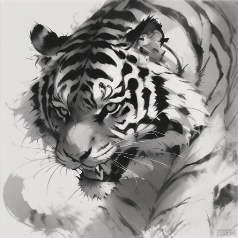  (\shui mo\), monochrome, no humans, tiger, greyscale, whiskers, animal focus, animal, solo, fangs, looking at viewer, white background